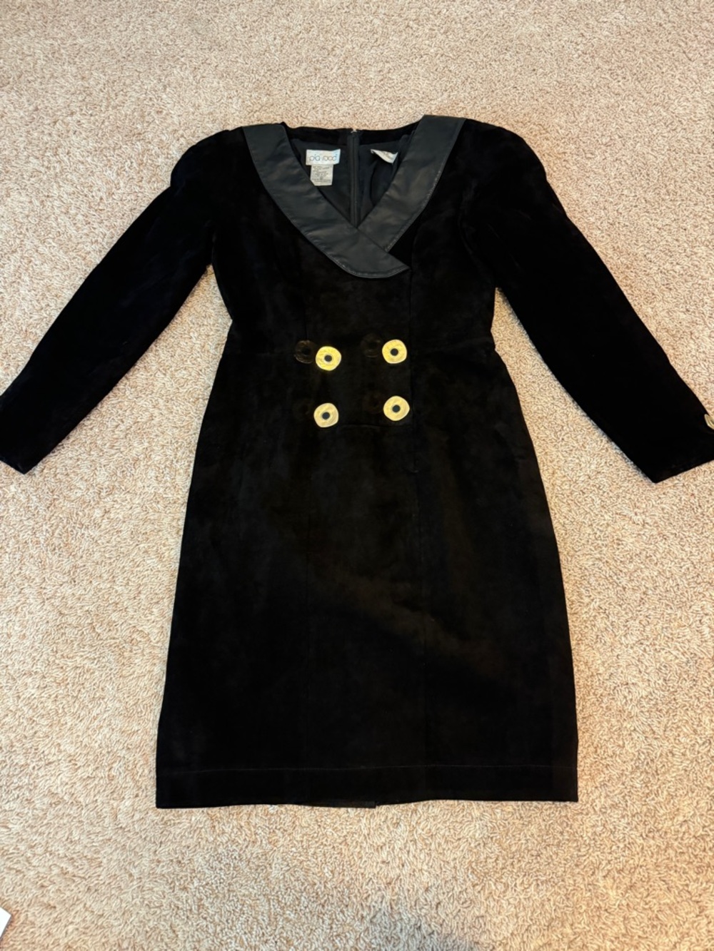 Vintage Pia Rucci Black Suede Body Leather Collar Lined Dress Gold Buttons Sz 8